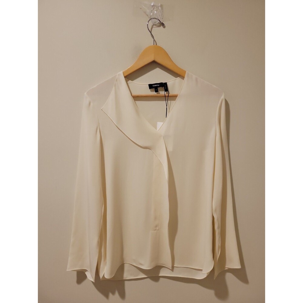 NWT Theory Overlap Top Women’s P/XS Ivory Classic Georgette Long Sleeve Blouse - Picture 7 of 10